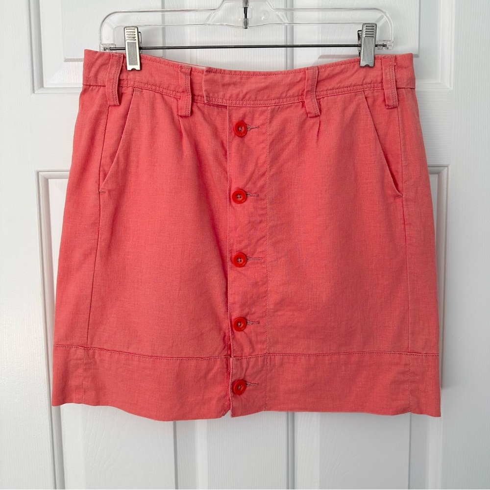 Anthropologie Paper Boy Cotton Linen Button Front Skirt Coral Salmon Pink Sz 4